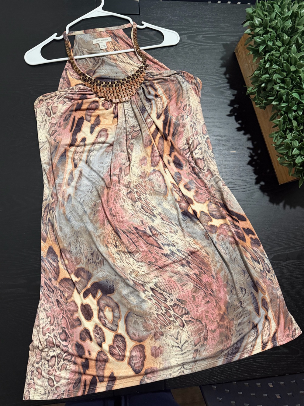 Boston Proper Pink Tan and Gray Animal-Print Dress with Beaded Accent